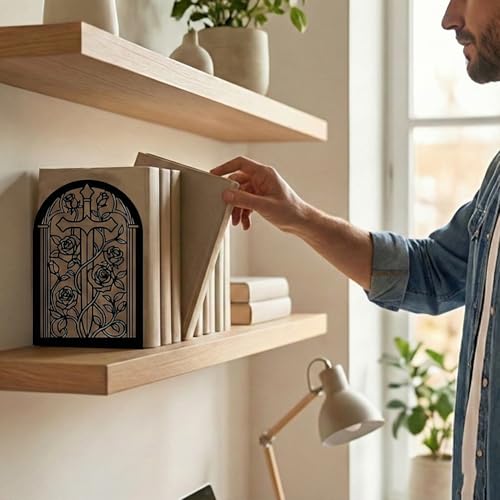 Bookends for Shelves, 2 Pcs Rose Flower Sword Design Book Ends Metal Decorative Bookends for Home Office and Library, Black - style: Rose and Sword