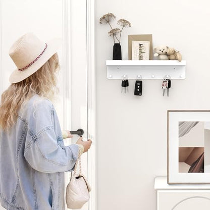 MKO Key Holder Wall Mount, Adhesive Key Hanger with 6 Hooks for Wall, White | Metal Material, Key Rack with Shelf, Wall Mount, Mail Organizer Tray, Suitable for Entryway, Hallway, Living Room - color: White 1pcs
