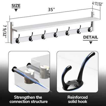 BAMEOS 35" L Wall Hooks with Shelf, Entryway Coat Hooks, Wood Wall Hanging Shelf, Wall-Mounted Coat Rack with 7 Dual Metal Hooks for Bathroom, Kitchen, Living Room, Bedroom (White) - style: White-35IN with shelf