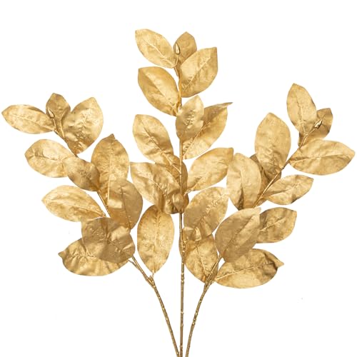 Briful Gold Magnolia Leaves Branches, 3 Pack 28.7in Faux Magnolia Leaves Stems Artificial Christmas Greenery Branches for Xmas Home Vase Floral Arrangement - color: Glitter Gold
