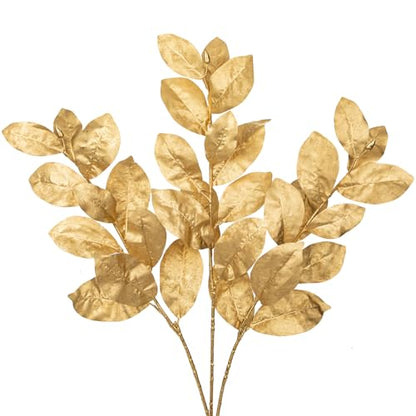 Briful Gold Magnolia Leaves Branches, 3 Pack 28.7in Faux Magnolia Leaves Stems Artificial Christmas Greenery Branches for Xmas Home Vase Floral Arrangement - color: Glitter Gold