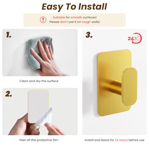 Large Heavy Duty Wall Hooks - 26lb Max, Stainless Steel Adhesive Towel Hooks for Hanging Towel, Coat, Robe, Hat, Sticky Towel Holder for Wall Mount in Bathroom, Shower, Kitchen (Gold, 4 Pack) - color: Gold