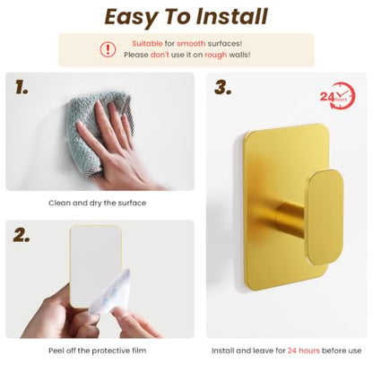 Large Heavy Duty Wall Hooks - 26lb Max, Stainless Steel Adhesive Towel Hooks for Hanging Towel, Coat, Robe, Hat, Sticky Towel Holder for Wall Mount in Bathroom, Shower, Kitchen (Gold, 4 Pack) - color: Gold