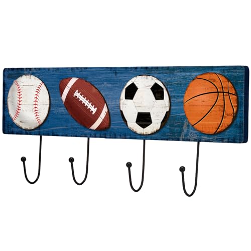 Wood Sports Coat Rack with 4 Hooks Vintage Basketball Baseball Football Soccer Wall Mounted Coat Hooks Decor Sports Theme for Home Entryway Playroom Hats Keys Towels - style: Sports