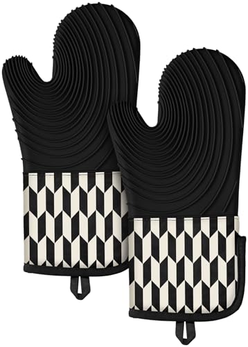 Slohif Long Silicone Oven Mitts Heat Resistant for Women - 2 Pcs Black-White Geometric 100% Cotton Oven Gloves, Non-Slip and Waterproof Silicone Oven Mitts with Hanger for Baking and Cooking - color: Black White Geometric