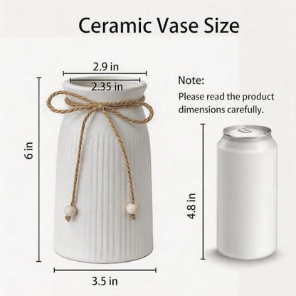 Rustic 6-Inch Ceramic Vase with Jute Rope & Wood Ball Charm for Home Décor, White Flower Vase for Table Centerpieces and Gifts, Ideal for Living Room, Bedroom - style: Elegant