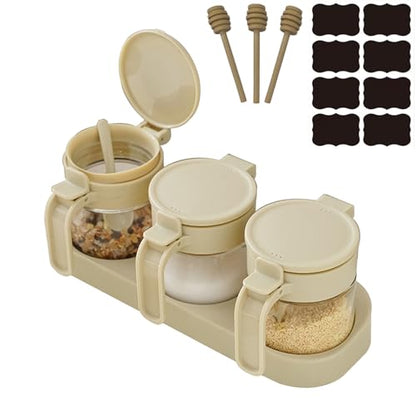 3 Pack Glass Condiment Jars with Lids and Spoons, Airtight Spice Container Set with Silicone Seal Ring, Honey Dippers, Tray, Labels and Wall Mount Adhesive for Kitchen and Coffee Bar, WHITE - color: WHITE