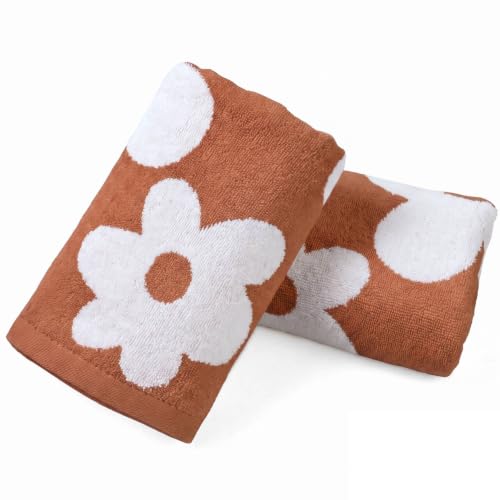 Jacquotha 2-Piece Floral Hand Towels Terracotta - Fall Decor, 13" x 29" | Soft Cotton Decorative Hand Towel for Bathroom & Kitchen, Vintage Daisy Pattern - color: Terracotta
