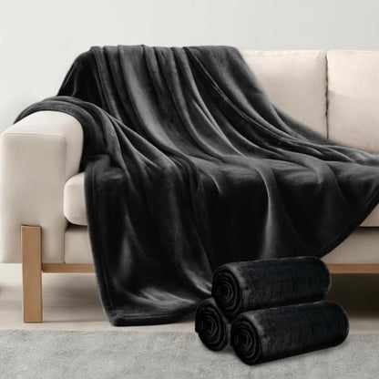 3-Pack Fleece Throw Blankets 50x60, 300GSM Soft Flannel Plush Blanket, Lightweight Warm Couch Sofa Bed Blankets, No Shedding All Season (Black) - color: Black