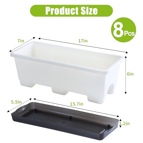 Window Box Planter 8 Pcs, 17 Inches Rectangle Flower Pots with Drainage Holes & Trays, Vegetable Planters for Windowsill Patio Garden Balcony Home Indoor Outdoor (White, 16 * 7 * 6 inch) - color: White