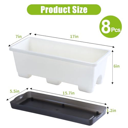 Window Box Planter 8 Pcs, 17 Inches Rectangle Flower Pots with Drainage Holes & Trays, Vegetable Planters for Windowsill Patio Garden Balcony Home Indoor Outdoor (White, 16 * 7 * 6 inch) - color: White