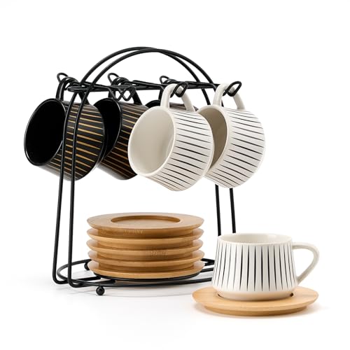 LUKA Ceramic Coffee Espresso Cups with Saucers Set with Metal Holder, 4 oz Porcelain Demitasse Cups For Espresso, Latte, Coffee, Cafe Mocha, Tea, Set of 6, Stripe White & Black - color: 6-Stripe White & Black, size: 4 oz