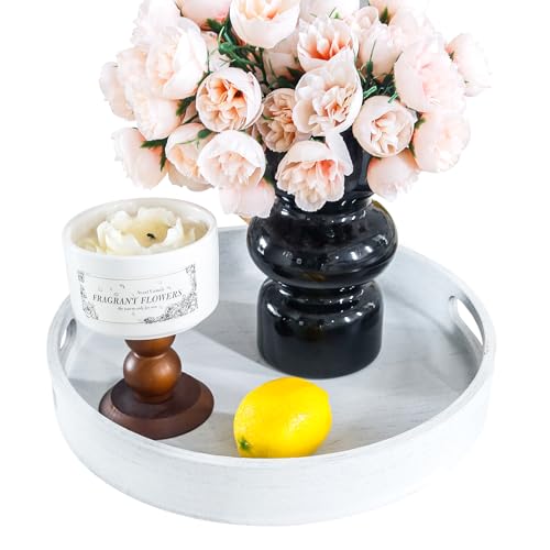 11.8" Round Wooden Decorative Tray with Handles,White | Wooden Serving Tray for Coffee Table,Kitchen Counter,bandejas decorativas - color: White, size: 11.8"