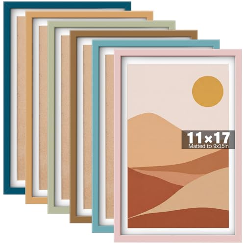 11 x 17 Picture Frame Set of 6, Boho Colorful Photo Frames | Display Pictures 9 x 15 with Mat, or 11 x 17 without Mat Picture Frame, with Acrylic Cover, for Gallery Home Wall Mount Decor - size: 11 x 17