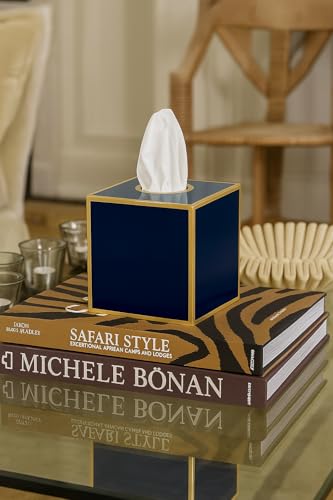 Jaye's Studio Tissue Box Cover Square, Indigo Blue Metal Gold Cube Holder | Matte Hand-Painted Finish, Fits Standard Facial Boxes, Polished Trim, Open Bottom, Study Library Use - color: Indigo Blue