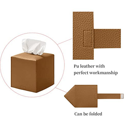 REGELETO Square Tissue Box Cover, Pu Leather Tissue Box Holder with Bottom Belt Modern Stylish Tissue Box Organizer for Bathroom, Bedroom, Hotel, Office Desk 5"X5"X5" - color: Single-camel
