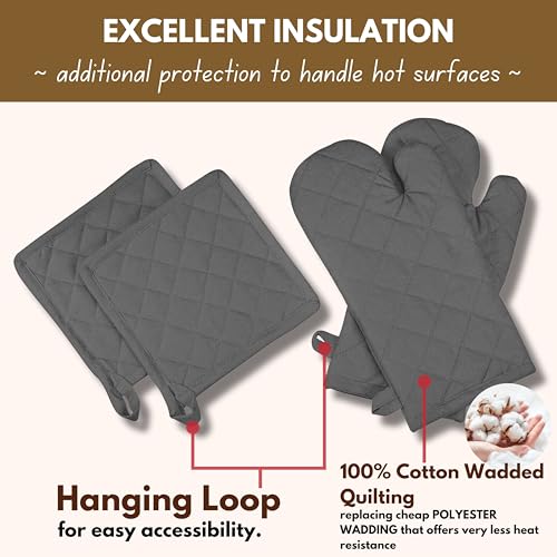 Native Fab Farmhouse Oven Mitts and Pot Holders Set of 4, Heat Resistant Non-Slip Machine Washable, 100% Cotton Kitchen Pot Holders Oven Mitts Sets Grey - color: Gray