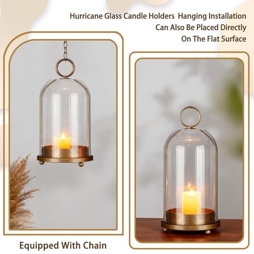 Metal Candle Holder Handmade Glass,Brass Dome Hurricane Glass Candle Holder | 5" & 4" Wide Can Be Placed Desktop Hung,for Pillar Candles,Plants Decorative Farmhouse, Shabby Chic