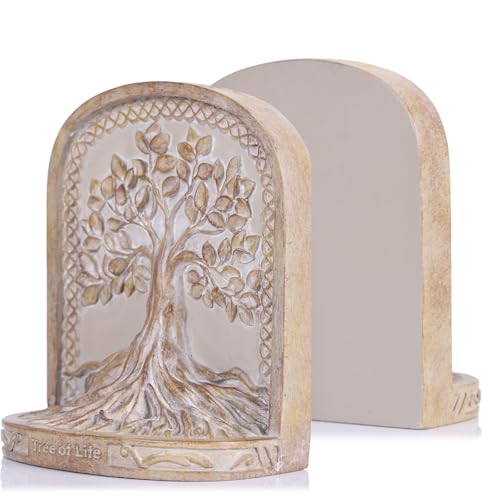Tree of Life Bookends,Heavy Duty L-Shaped Resin Book Ends,2 Non-Skid Heavy Bookends for Shelves/Desktop/Bookshelf Decor,Celtic Mythology Sculpture,Vintage Accessories,Housewarming Gift (Faux Wooden) - color: Faux Wooden