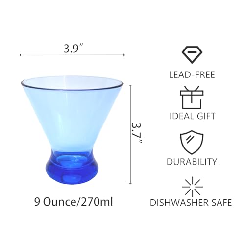 Set of 6 Stemless Martini Acrylic Glasses 9 oz, Heavy Base Stable Cocktail/Juice/Red Wine Glasses,Plastic Drinking Tumbler, Fits Ice Cream/Milkshakes,Ideal for Home Party(Blue) - color: Blue