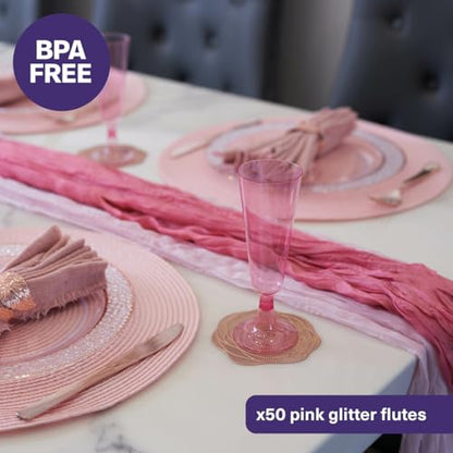 MATANA 50 Glitter Pink Champagne Flutes Plastic Champagne Glasses 5 oz, Reusable Pink Plastic Wine Glasses, Copas De Plastico Para Brindis, Toasting Glasses for Wedding, Bridal Shower, Girl's Party - color: Pink Glitter, size: 50 Pack