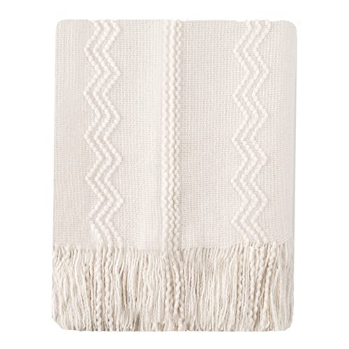 BATTILO HOME Cream Throw Blanket for Couch, Bedroom Decor Boho Throw Blanket, Decorative White Blanket Throw for Sofa Living Room, 50"x60" - color: Cream, size: 50 x 60 in.