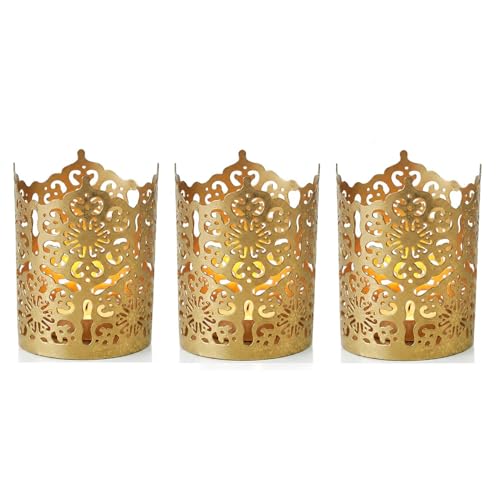 Hosley Set of 3 Gold Diamond Cut Candle Holders 4 Inches High Elevate Your Space with Elegant Metal Candle Holders in a Value Pack - color: Gold 3 Pack, size: 4 inch High