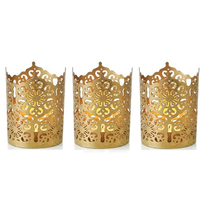 Hosley Set of 3 Gold Diamond Cut Candle Holders 4 Inches High Elevate Your Space with Elegant Metal Candle Holders in a Value Pack - color: Gold 3 Pack, size: 4 inch High