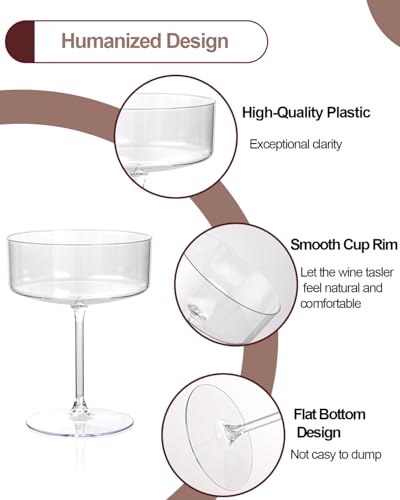 Ciaell 12 Pack Plastic Martini Glasses for Bars Parties | 10 oz Coupe Cocktail Cups, Heavy Duty Plastic, Cocktails Whiskey Margaritas Wine for Weddings Outdoor Gatherings Baby Showers - color: Basic Clear
