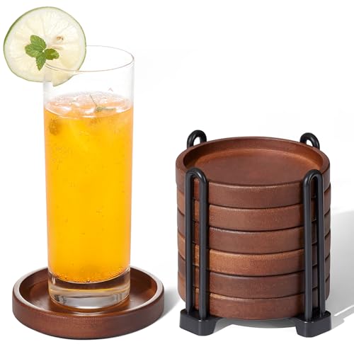 Set of 6 Wooden Coasters with Holder-Coffee Table Coasters for Drink | Wood Coaster Set for Modern Home Decor, Home Dining Table Decor Cute Beer Bar Coasters Decorative Rustic Outdoor Coasters
