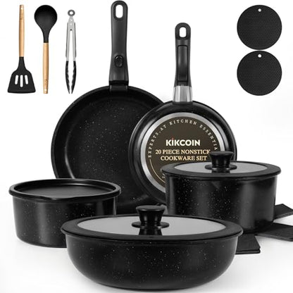 Nonstick Pots and Pans Set - 20 Pack KIKCOIN Stackable Cookware Set with Detachable Handle, RV Kitchen Cooking Set with Removable Handles - Oven Safe, Induction Ready (Black) - color: Black, size: 20 Pack