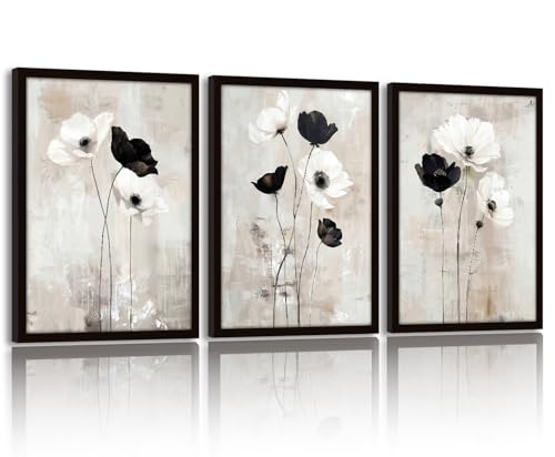 Framed Floral Wall Art Black And White Floral Canvas Painting Galleryquality Artwork Elegant And Minimalist Poster Print Living Room Bedroom Home Decor 12x16 Inches 3-Piece Set - color: Black and White Flowers, size: 12x16in