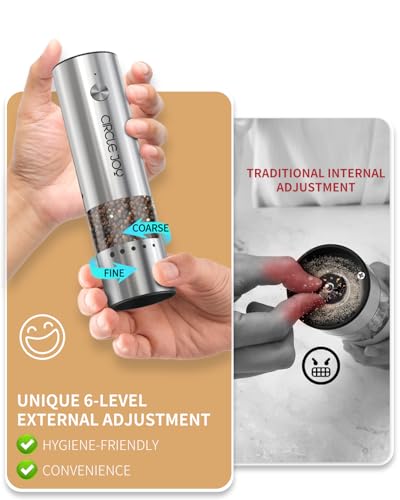 CIRCLE JOY Mini Rechargeable Salt and Pepper Grinder Set with Wooden Base, Dust Cover and External Adjustment, Stainless Steel Electric Pepper Mill Grinders for Kitchen, Outdoors and Travel, Silver - color: MINI Rechargeable Set with Wooden Base