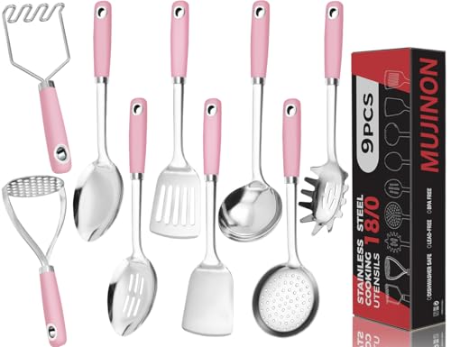18/0 Stainless Steel Cooking Utensils Set, Heavy Duty Pink Handle for Kitchen Daily Use Party Wedding Housewarming, Dishwasher Safe, 9 Pieces - color: Pink, size: 9PCS-Cooking Utensils Set