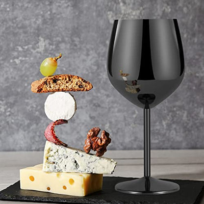 Lifecapido Stainless Steel Wine Glasses Set of 4, 18oz Stainless Steel Wine Goblets, Stemmed Metal Wine Glasses with Cup Brush for Party Office Anniversary, Great for Red White Wine (Grey Black) - color: Grey Black