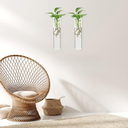 CALLARON Cylinder Glass Wall Vase Set for Hydroponic Plant Propagation, Wall-Mounted Flower Tube Vase Holder, 2pcs Hanging Indoor Terrariums for Home and Office Décor