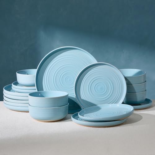 Dinnerware Sets for 6, Ceramic Plates and Bowls, Ice Blue | 18-Piece Ceramic Speckled Spiral Dishes, Chip & Scratch Resistant, Microwave & Dishwasher Safe, Everyday Use, Farmhouse Style - color: Ice Blue, size: Service for 6 (18pc)