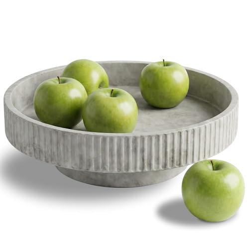 JUPTR Concrete Fruit Bowl (12") – Shallow Fluted Pedestal Decorative Centerpiece Bowl for Table, Entryway Catch-All & Modern Home Decor – Heavyweight Stone Bowl (Natural) - color: Natural