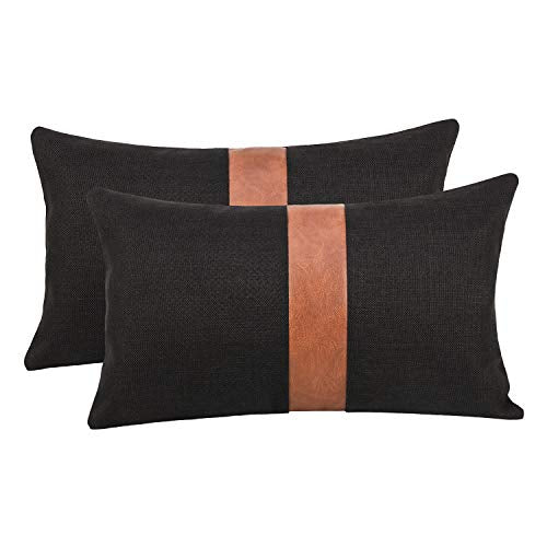 Set of 2 Black Linen Patchwork Faux Leather Throw Lumbar Pillow Covers for Couch Living Room Bedroom,Modern Accent Decor Lumbar Covers 12X20 inch, Brown and Black - color: Black, size: 20" x 12" (Pack of 2)