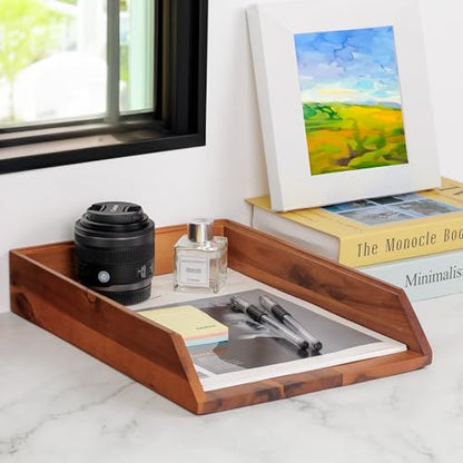DEMIGO Desk Organizer Letter Tray Set of 2, Natural Acacia Wood Paper Tray | Wooden Tabletop Holder for Files, Folders, Notebooks & Documents, Workspace Stationery Storage Saver