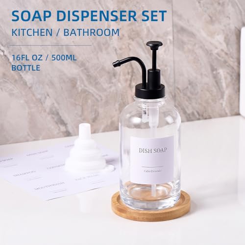Glass Soap Dispenser with Upgrade Pump, Hand and Dish Soap Dispenser for Bathroom Kitchen, Soap Dispenser Set with 9 Stickers Funnel Bamboo Tray 500ml 18oz Clear - color: Clear