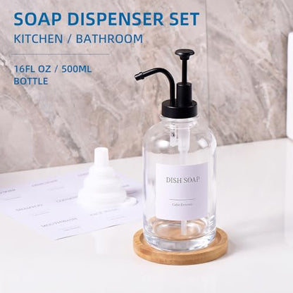 Glass Soap Dispenser with Upgrade Pump, Hand and Dish Soap Dispenser for Bathroom Kitchen, Soap Dispenser Set with 9 Stickers Funnel Bamboo Tray 500ml 18oz Clear - color: Clear