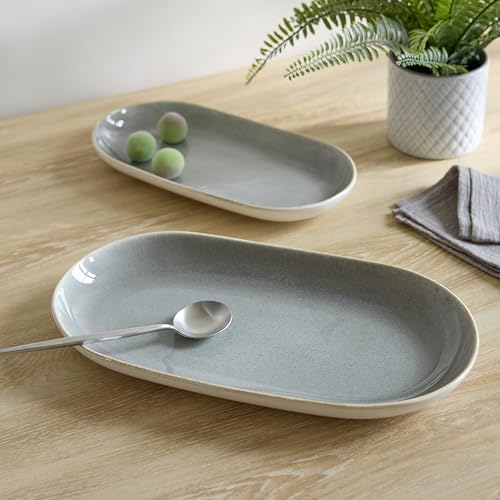 SANGO Resona Moss Serving Platters Set of 2, 14/12 Inch Stoneware Serving Dishes for Entertaining, Glossy Party Serving Trays with Reactive Glaze, Buffet Oval Platters for Bread, Appetizer, Cheese - color: Green/Cream, size: Serving Platters