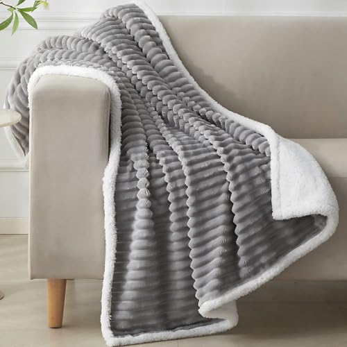520GSM Sherpa Fleece Throw Blanket, Heavyweight Double Layer Striped Plush Blanket for Couch Sofa Bed, Soft Warm Reversible Fuzzy Flannel Throw, Oeko-TEX Certified, 50x60 Inches, Grey
