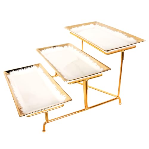 3-Tiered Serving Rack with Ceramic Tray, Foldable Gold Stand with 3-PCS 11.4 Inch Gold Rim Plates, for Food Display, Fruit, Dessert，Decoration for Parties Entertaining - color: 3-pcs 11.4 Inch