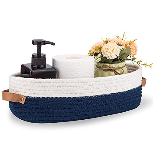 Toilet Basket,Woven Storage Basket for Toilet Tank Top Farmhouse Home Decor Organizing Baskets 13"x5.9"x4" Navy Stitching White - color: Navy Stitching White