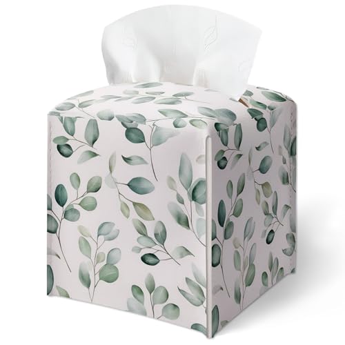Watercolor Greenery Tissue Box Cover, Eucalyptus Greenery Pattern Tissue Box Cover Square-Waterproof Leather, Desktop Decor for Living Room, Office, Aesthetic Home Decor, Gift for Women & Friend-A06 - color: Eucalyptus Greenery Pattern