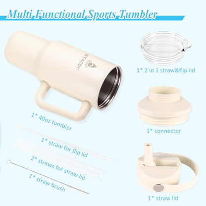 40 oz Tumbler with Handle and Straw or Convert to 40 oz Insulated Water Bottle Fits in Cup Holder. Stainless Steel Metal Water Flask with 2 Lids for Travel,Camping,Gym Sports Coffee Mug Thermal Cup - color: Cream