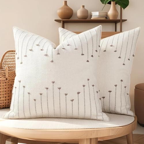 Boho Outdoor Throw Pillow Covers 20x20 Set of 2,Khaki | Soft, Resistant, Washable Textured Woven Cotton Decorative Cushion Covers with Fringe Tassel for Couch Sofa Bed Patio - color: Khaki, size: 20" x 20" (Pack of 2)