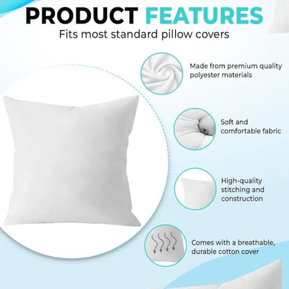 QUBA LINEN Throw Pillow Inserts (Set of 2, White), 22x22 Inches - Premium Cushion Fillers for Sofa, Bed, and Home Décor (22x22 Inch (Pack of 2)) - size: 22x22 Inch (Pack of 2)